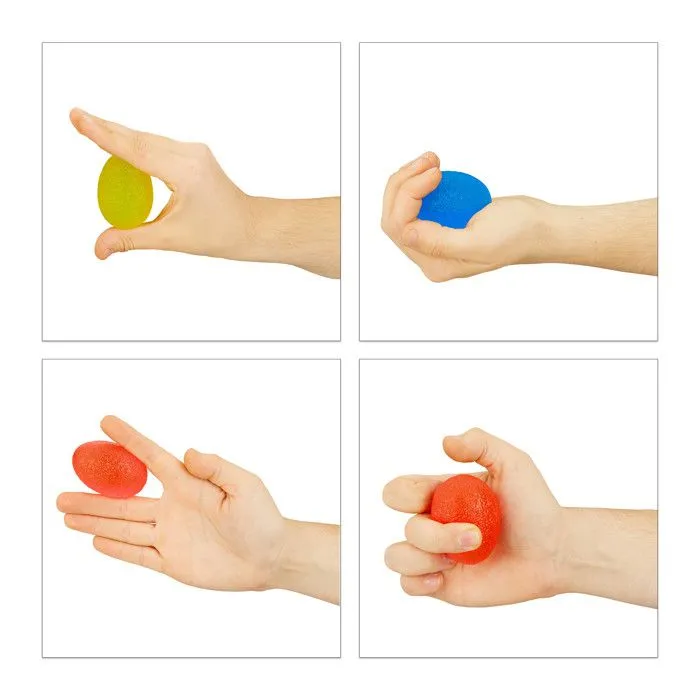 Relaxdays Lot de 3 balles à gripper en forme d’œuf, 3 niveaux de dureté, Balles pour mains, sac, rouge/jaune/bleu-5