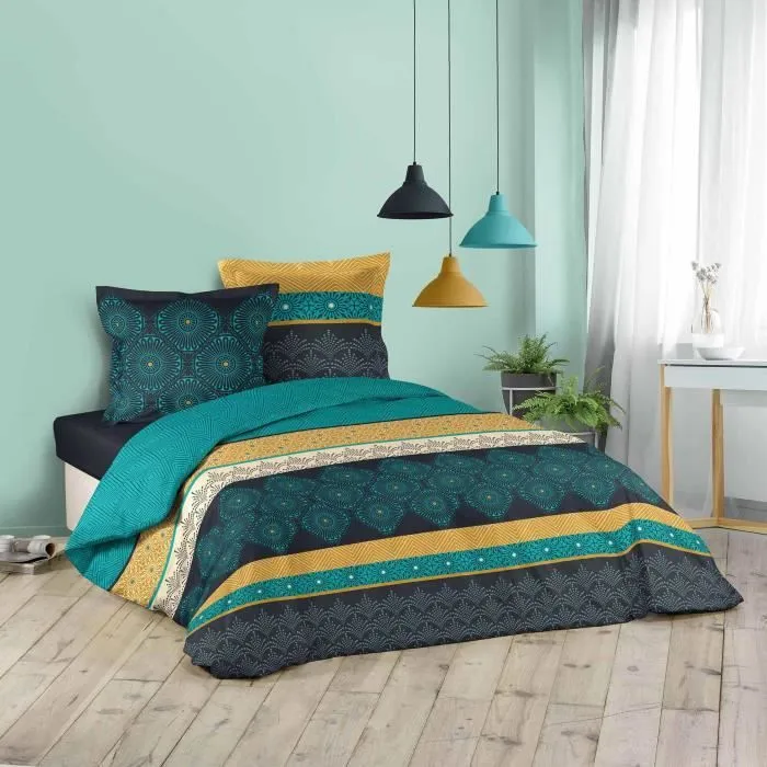 Parure de lit - CDaffaires - 3 pièces - Imprimé allover majorelle - 240x220 cm - Bleu, jaune et noir-0