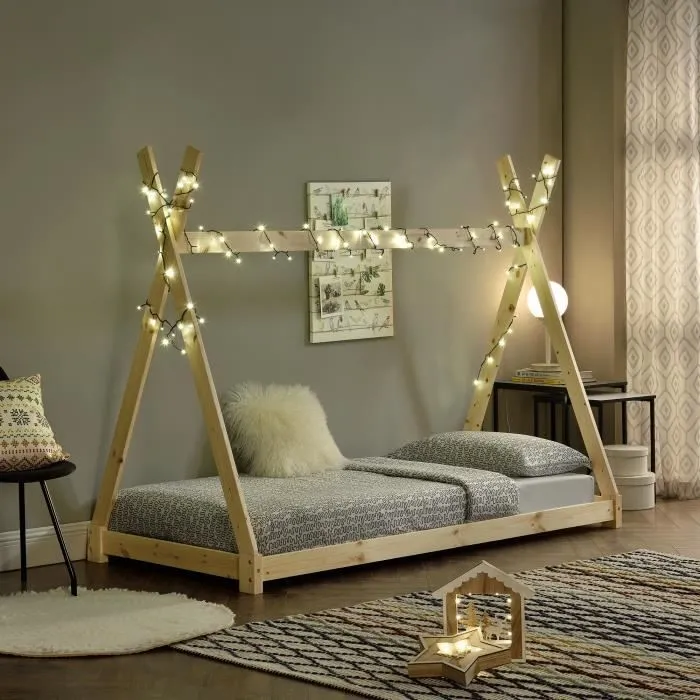 Lit de Tipi pour Enfant Onejda Bois Naturel 200 x 90 cm [en.casa]-2