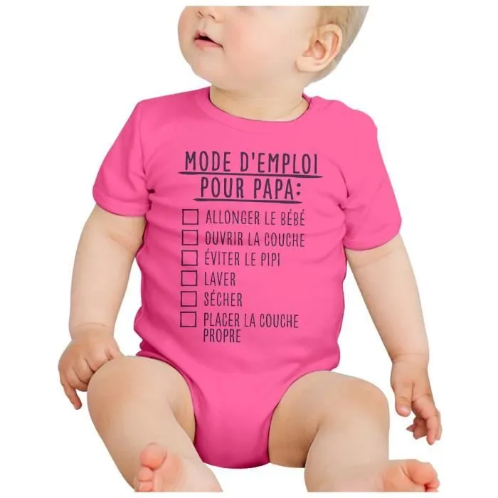 Body Bébé Manche Courte Rose Mode D'Emploi Pour Papa Couche Humour Blague-1
