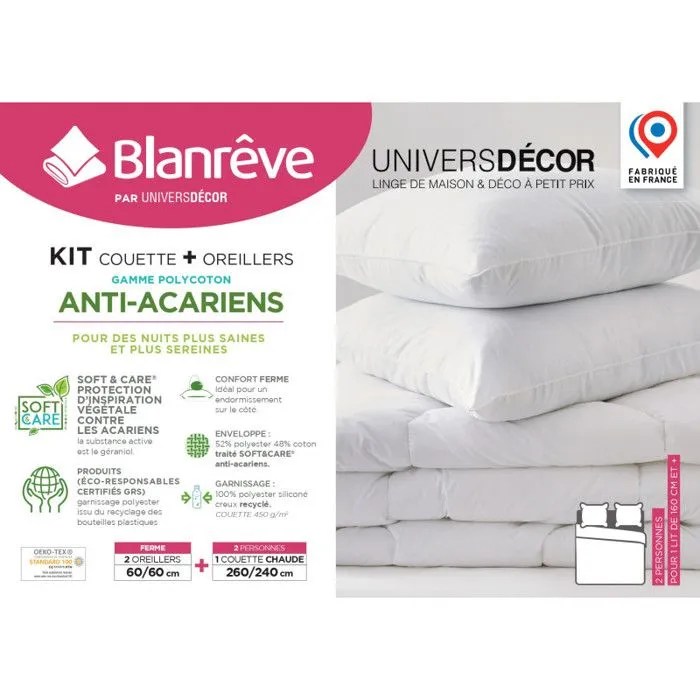 Pack Couette Blanrêve très chaude 260 x 240 + 2 Oreillers 60 x 60 Confort traité Anti Acarien Soft & care-3
