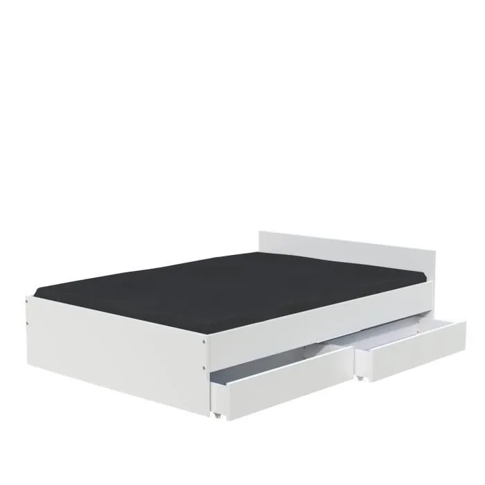 Lit double avec tiroirs - LEQUAIDESAFFAIRES - KAPPA - Blanc - A lattes - 140x190 cm-1