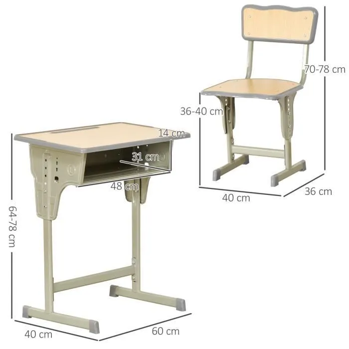 Bureau enfant Vintage style pupitre d'écolier - ensemble bureau et chaise réglable - case de rangement, bracket, range-stylos-2