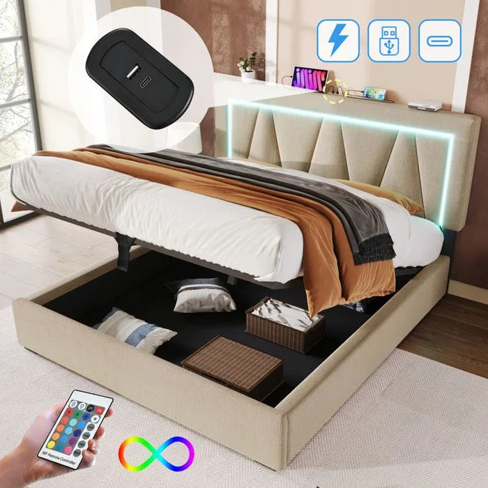 ModernLuxe Lit coffre rembourré 140x200cm avec LED et Port de charge USB et Type-C - tissu en lin - sommier à lattes - Beige-0