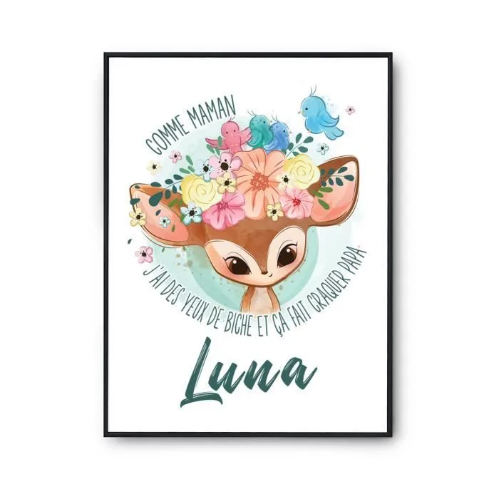 Affiche prénom Luna Biche | Poster pour chambre bébé et enfant pour décoration murale qualité papier Premium A3-0