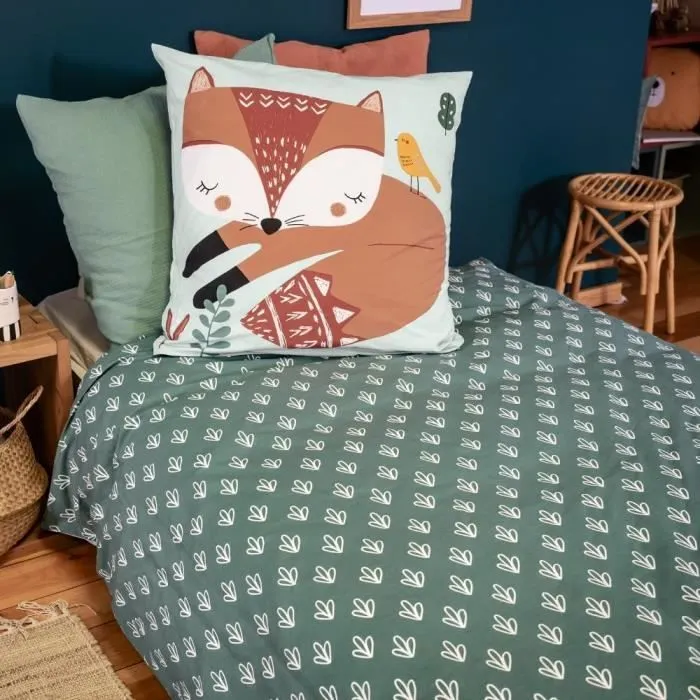 Parure de lit 140x200 cm Enfant réversible - Housse de Couette + 1 Taie d'oreiller Motif imprimé Renard Vert – 100% Coton-1