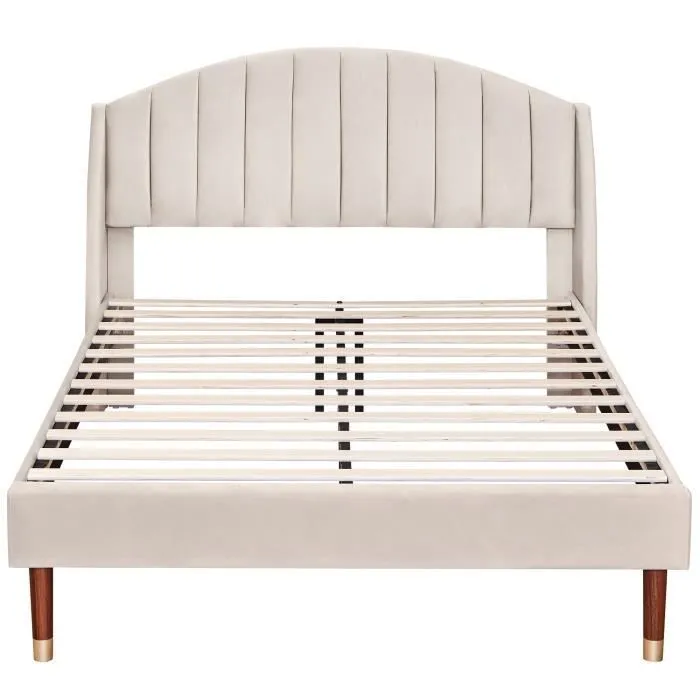 Lit double 140x190cm avec sommier à lattes en bois et tête de lit, lit ado, lit enfant - lit en velours beige-2
