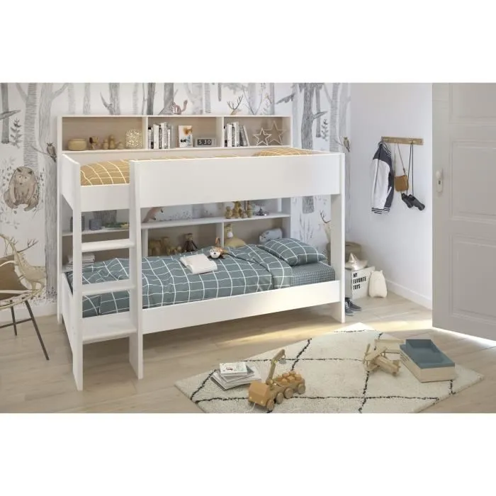 PARISOT Lits superposés enfant - Décor Chêne et Blanc Ombre - Sommiers inclus - 2 x 90 x 200 cm - JIM-1
