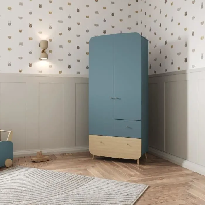 Ens. lit bébé 70 x 140 Kit évolutif, commode 2 tiroirs 3, niches et 1 plan à langer, 1 armoire - FIRMIANA - Bleu / bois - DEMEYERE-2