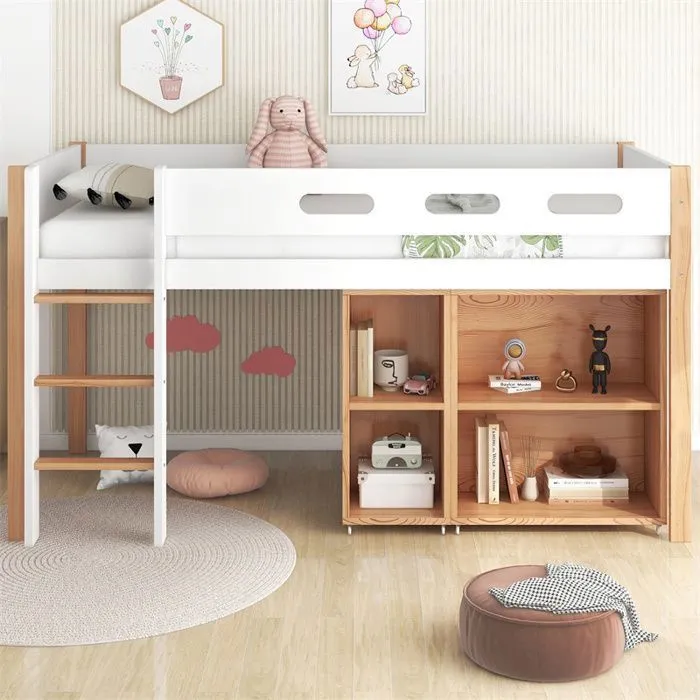Lit mezzanine 90x200cm, avec armoire mobile, escalier, en bois massif, anti-chute, pin+MDF, naturel+blanc-0