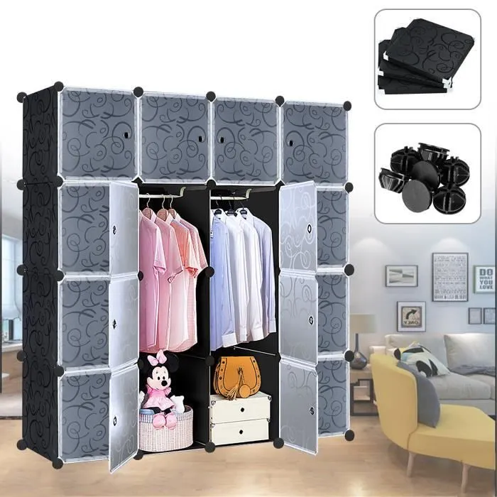 Armoire de Chambre - LZQ - 16 Cubes - Plastique Résistant - Noir - 140 x 140 x 35 cm-0