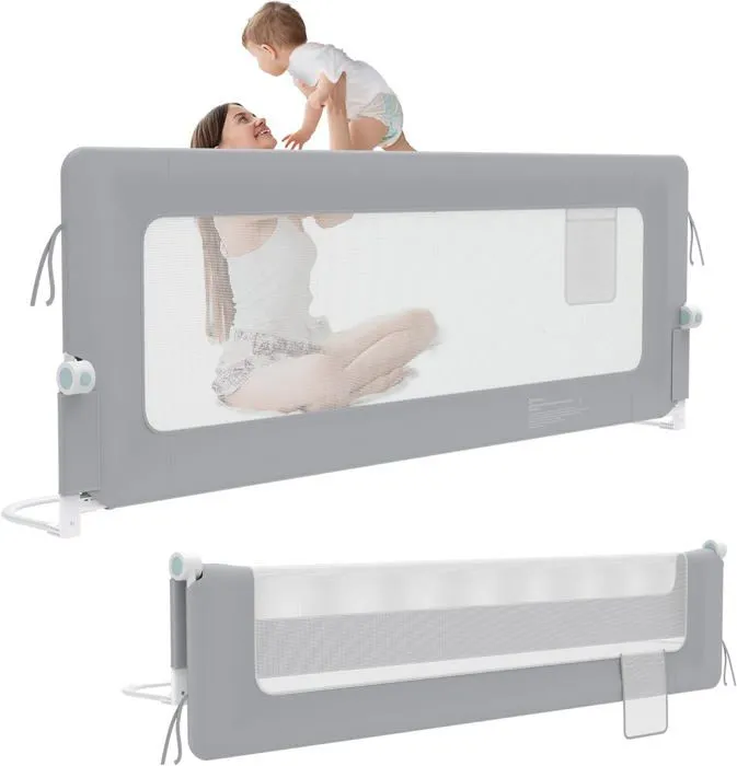 LILIIN Barrière de lit antichute 150 cm Barrière de lit pour enfants Barrière de lit pliable à 180 degrés Bordures (Gris)-0