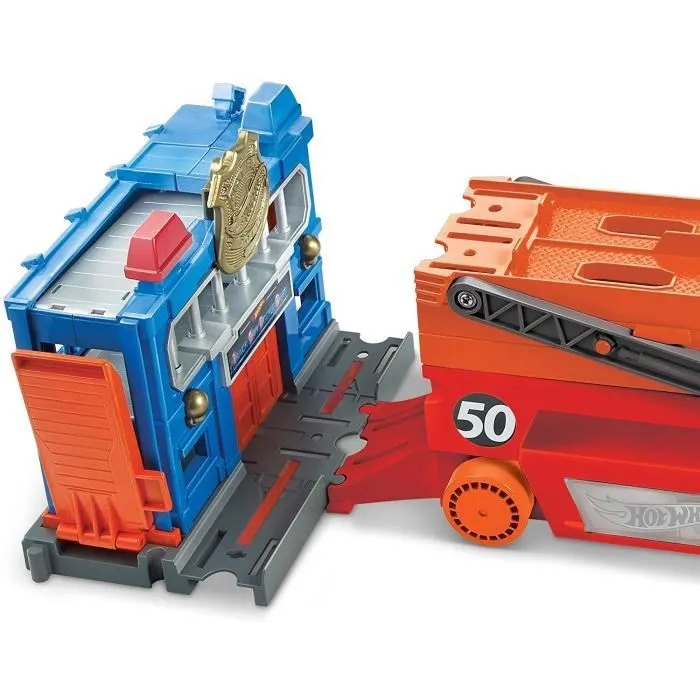 Transporteur de voitures miniatures - HOT WHEELS - Méga Transporteur - 6 étages - Interconnexion pistes oranges-2