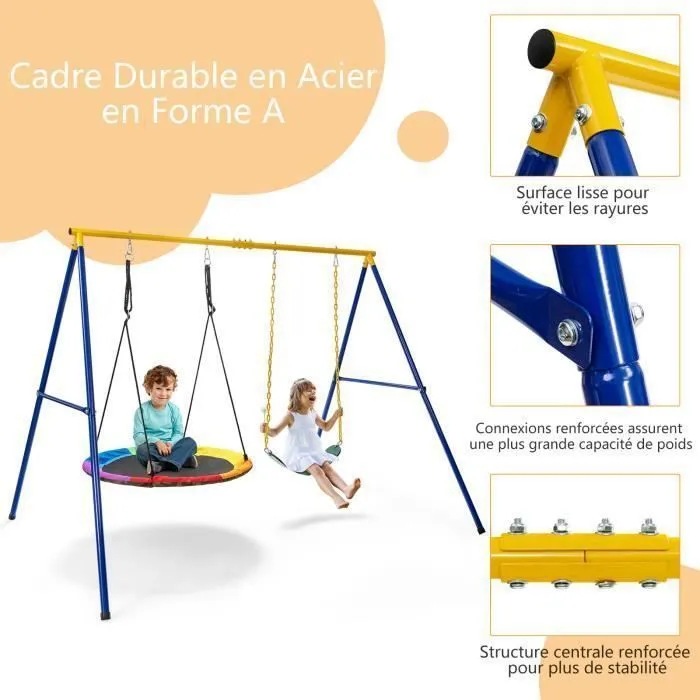 COSTWAY Portique avec Balançoire Nid d'Oiseau Ronde Ø100CM Balançoire Ceinture 1,2m pour Enfant Charge 300KG 2 Méthodes de Fixation-1