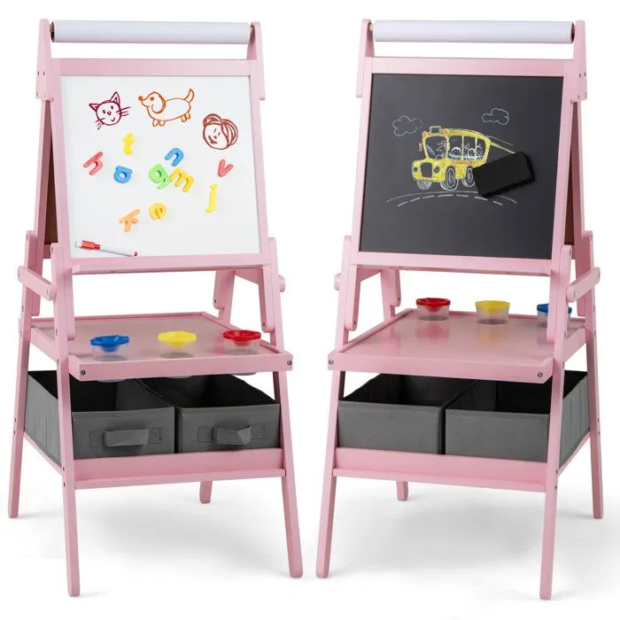 COSTWAY Chevalet d'Art 3 en 1 -Tableau Noir & Blanc Magnétique,Rouleau de Papier & 2 Bacs en Tissu pour Enfants 3-6 Ans Rose-0