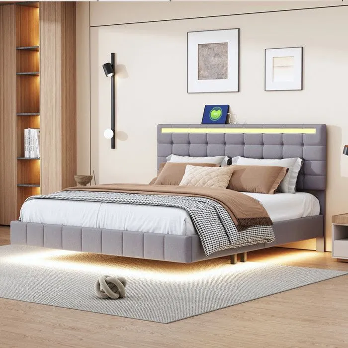 MODERNLUXE Lit rembourré 160x200 cm, avec éclairage LED et tête de lit design, sommier à lattes, gris-0