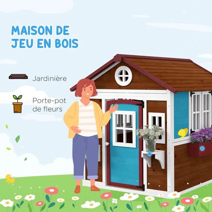 Cabane enfant extérieur - Outsunny - avec porte fenêtres et jardinières - 114 x 126,4 x 135 cm - Marron-4