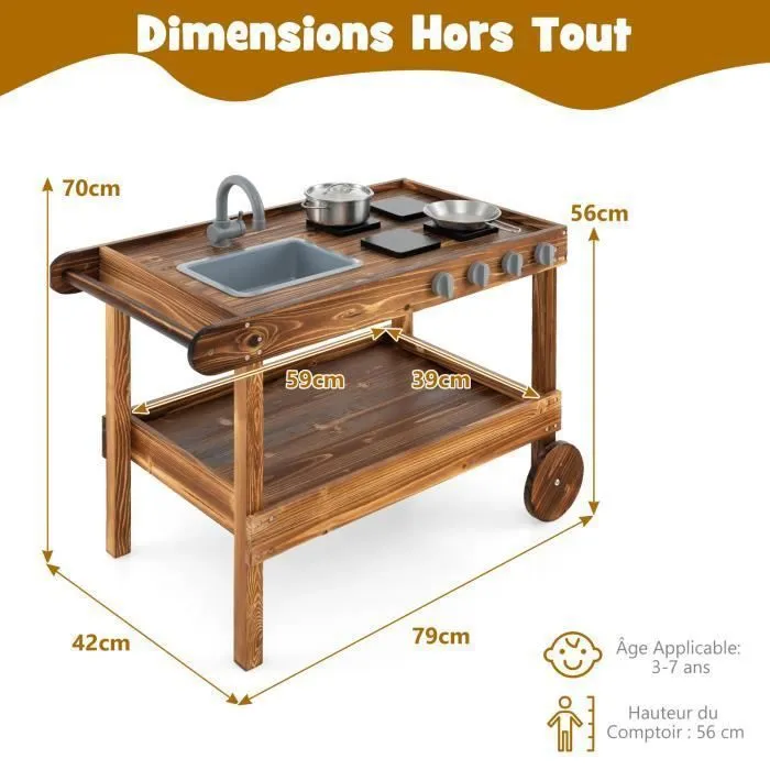 Cuisine Enfants en Bois de Sapin COSTWAY avec Roues et Poignée de Poussée,Boutons Réalistes avec Poêle,Casserole et Couvercle-3