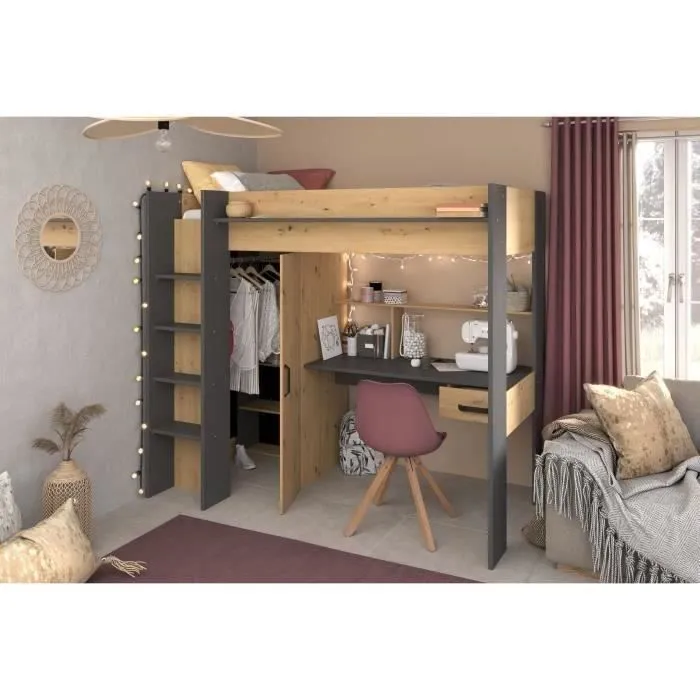Lit combiné mezzanine enfant PARISOT HIGH - Chêne et gris - Sommier inclus - 90 x 200 cm-2