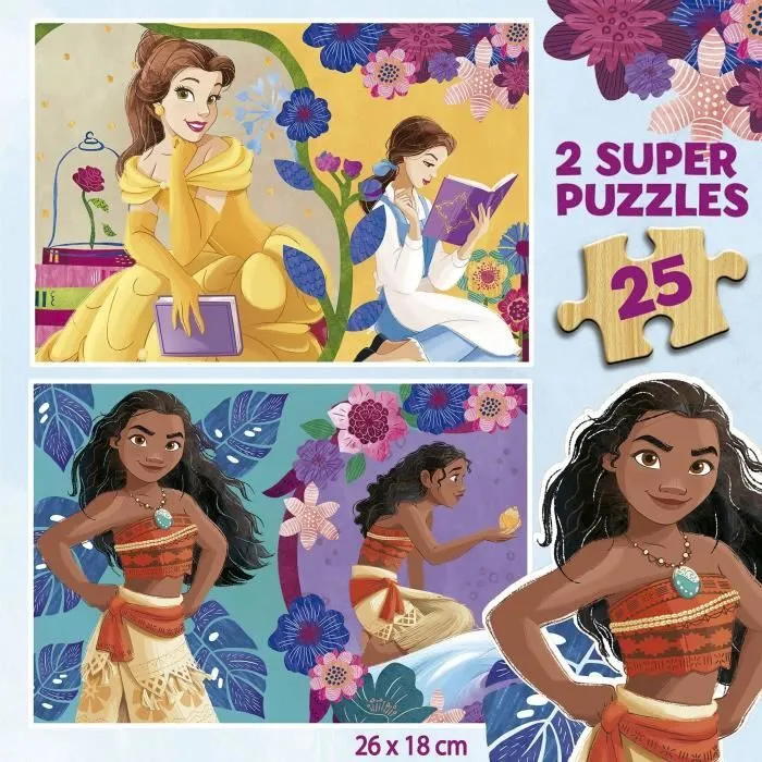 Puzzle en bois Disney Princess (Bella + Vaiana) - 2x25 pièces-2