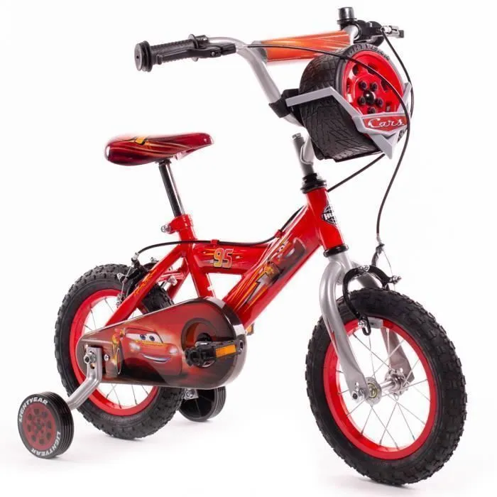 Vélo Enfant Disney - Cars Flash McQueen - Roues 12" - Age 3 à 5 ans - 2 Freins - Stabilisateurs - Rouge - Produit HUFFY-0