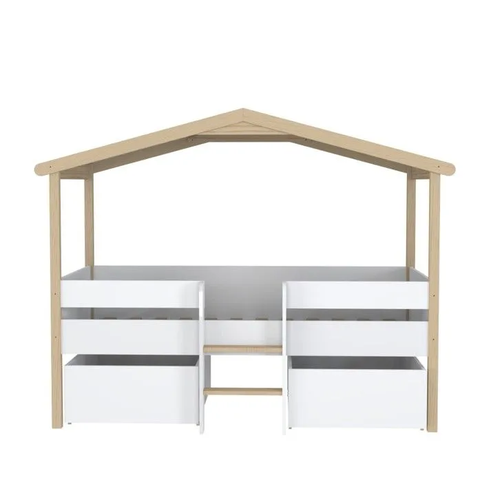 Lit cabane PILOTI 90x200 + 2 tiroirs + 1sommier / Blanc et naturel-1