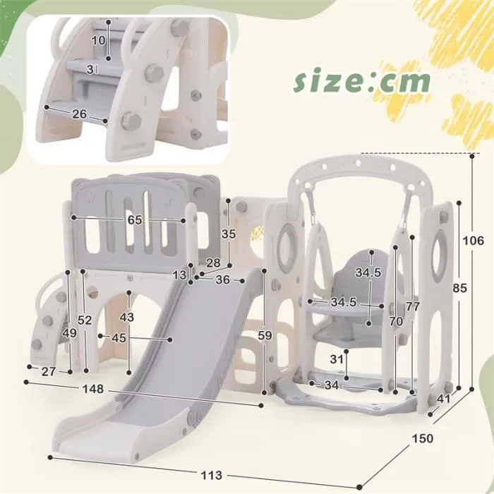 Toboggan 7 en 1 - Cub Kids - Gris - Balançoire - Panier de basket - Escalier-3