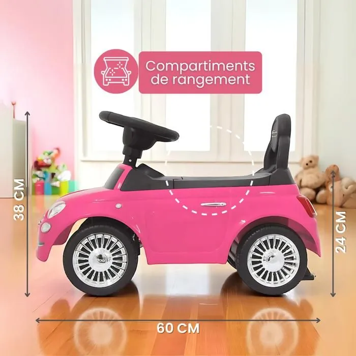DEVESSPORT Porteur Fiat 500 Rose. Licence Officielle. Volant Klaxon & Sons. Rangement. Anti-Bascule. 12-36 Mois.-1