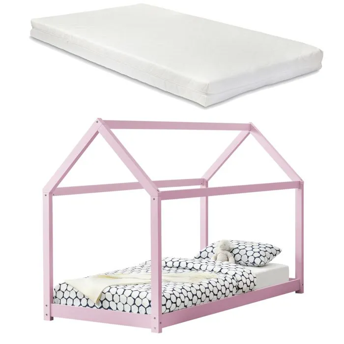 Lit Cabane Forme Maison Netstal avec Matelas Mousse à Froid 200 x 90 cm Rose [en.casa]-1