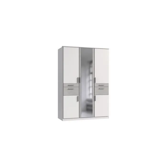 Armoire Décor Blanc & Gris béton - 5 portes battantes - Miroir - 4 tiroirs - L135 x P58 x H199 cm - VOLOS-0