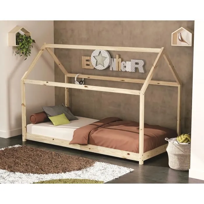 WEBABY - Lit bébé Cabane en bois - Brun - 90x190-1