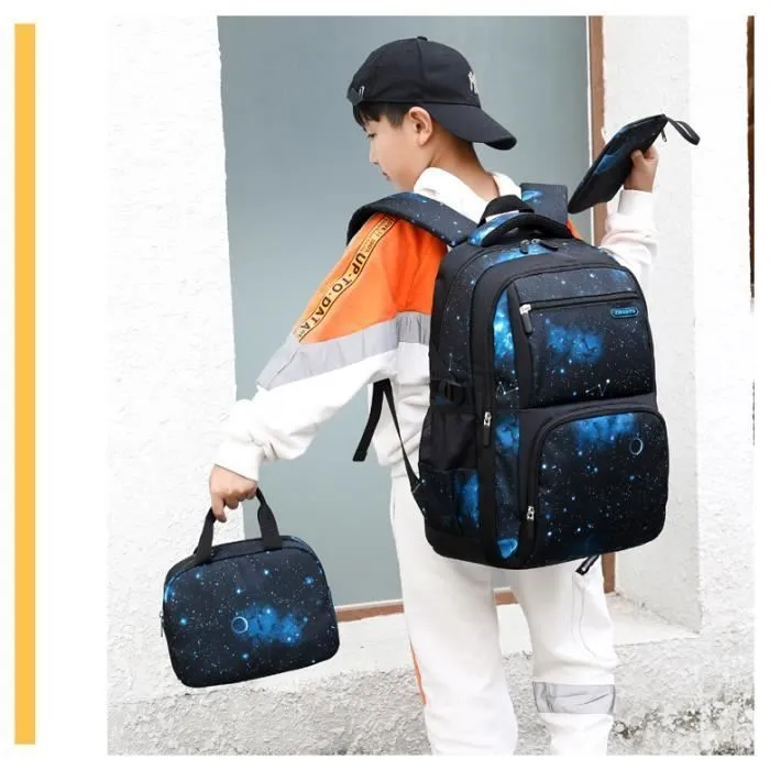 Cartable Enfant Garcon,Sac à Dos Cartable Étudiants 8 9 10 11 12 13 14 Ans CE2 CM1 2 6E,Style ciel étoilé noir et bleu-4PCS-1