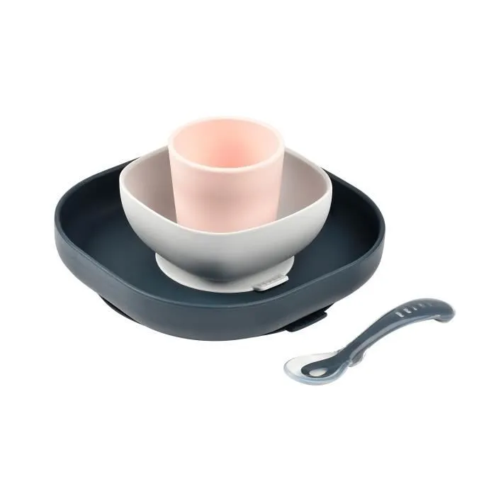 Coffret Repas Silicone - BEABA - Night Blue - Assiette, Bol, Verre, Cuillère - Bébé 4 mois-0