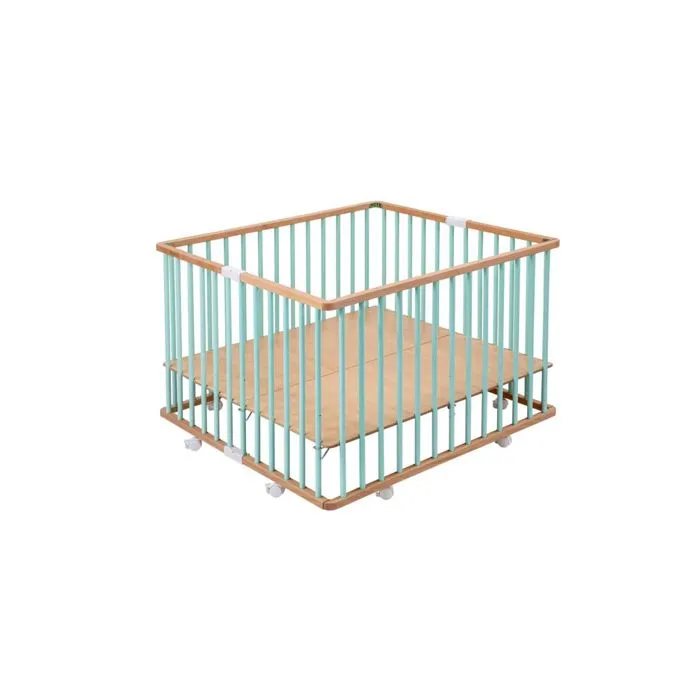 Parc bébé en bois pliant Gaby bicolore vert menthe avec plancher réglable et roulettes - Combelle-1