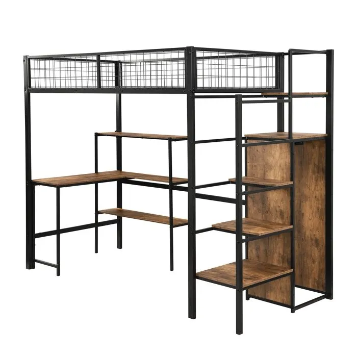 Lit mezzanine - Noir - 90x200cm - Métal - 3 étagères - Armoire intégrée-2
