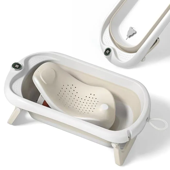 Baignoire bébé pliable - Thermomètre et transat inclus - LEAF - Beige | SUPERBE BEBE-0