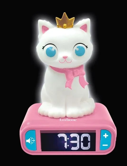 Réveil veilleuse digital LEXIBOOK - Chat - 3D lumineux et sonore - Blanc et rose - Enfant-3
