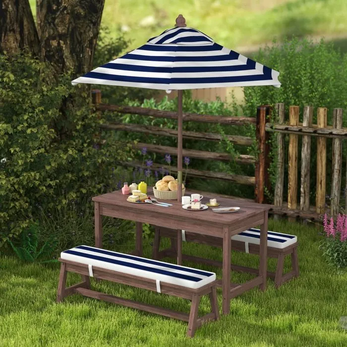 Ensemble salon de jardin extérieur enfant - AIYAPLAY - coussins et parasol amovible - rayé bleu marine et blanc-2