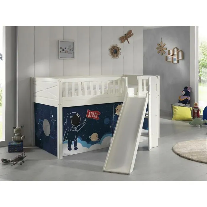 Lit Mezzanine Toboggan et Rideau Space Shuttle - Vipack - Scott - 1 place - 207x203x114cm - Bois massif - Enfant-1