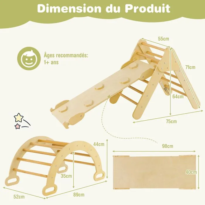 7 en 1 Triangle d'Escalade COSTWAY avec Toboggan/Arche/Rampe - Échelle Réglable, Charge 50KG, pour Bébé 1 Ans+ Naturel-5