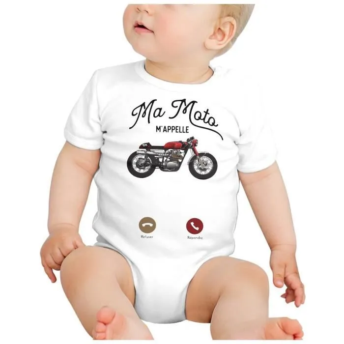 Body Bébé Manche Courte Blanc Ma Moto M'Appelle Passion Gros Cylindre Cafe Racer-1