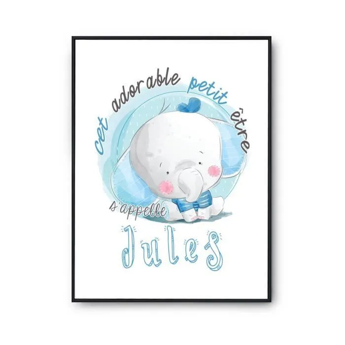 Affiche bébé prénom Jules Éléphant | Poster pour chambre bébé et enfant pour décoration murale qualité papier Premium A3-0