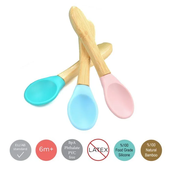 Cuillères bébé en bambou et silicone - MINIKOIOI - Lot de 2 - Rose-3