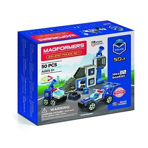 Magformers Amazing Police 50Piece, Wheels, Blue Red Colors, Educational Magnetic Geometric Shapes Tiles Building STEM Toy Set Ages 3-0