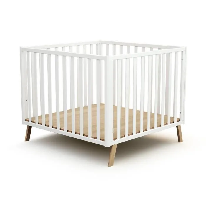 AT4 - Parc bébé évolutif cabane avec toit CONFORT en bois - Blanc et Hêtre Verni - 100x100-2