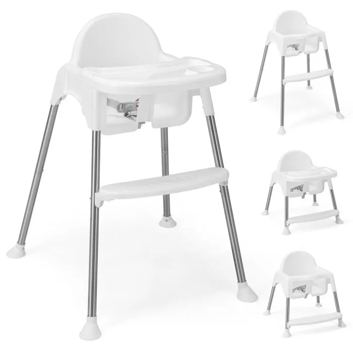 Chaise Haute Bébé 4-en-1 COSTWAY-Plateau Double Amovible Lavable à 2 Positions-Harnais de Sécurité à 3 Points 6-36 Mois-15 kg-Blanc-0