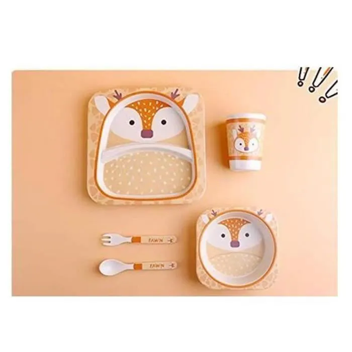 5 Pièces Coffret Vaisselle Repas Bébé  Jeu de vaisselles en Bambou La Fibre De Bambou Vaisselle pour Enfants-Fauve-1