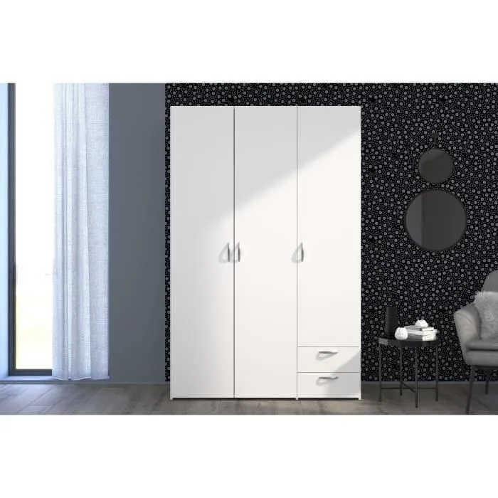 Armoire VARIA - Décor blanc - 3 portes + 2 tiroirs - L 120 x H 185 x P 51 cm - PARISOT-2