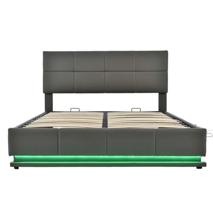 Lit coffre 160x200cm, lit adulte avec LED, sommier à lattes, tête de lit réglable, Similicuir, gris-1
