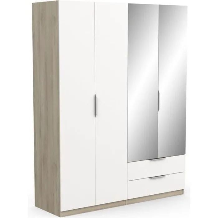 Armoire GHOST - Décor chêne kronberg et blanc mat - 4 Portes + 2 Tiroirs - 2 miroirs - L.157,3 x P.51,1 x H.203 cm - DEMEYERE-0